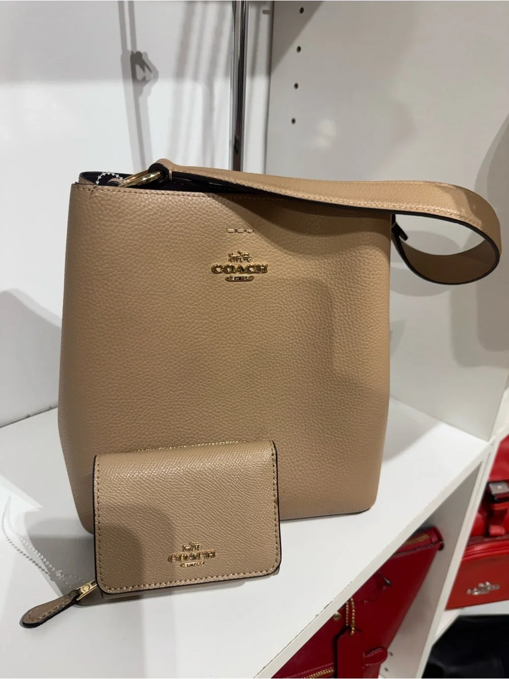 Coach Beige Pebbled Leather Bucket Bag with Matching Wallet